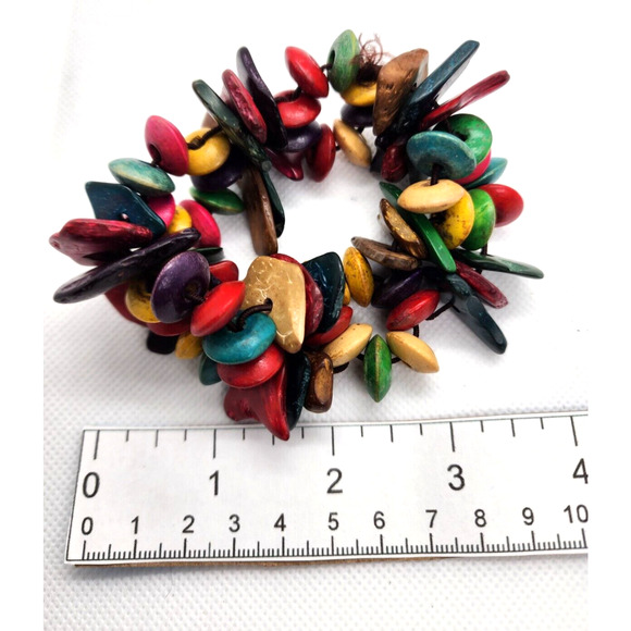 BRACELET-Wood Beaded Elastic-By Or In The Style of Addo Zakour-MultiColor - Picture 3 of 4